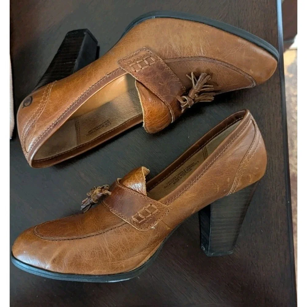 Born Nance 9.5‎ Women's Cognac Brown Penny loafer Tassled Heel Leather Western